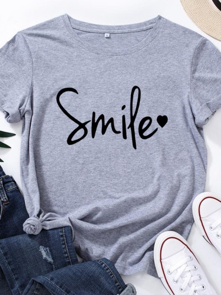 Simple Style Smile Letter Print T Shirt Women Short Sleeve O Neck Loose Tshirt Ladies Tee Shirt Tops Clothes Camisetas Mujer