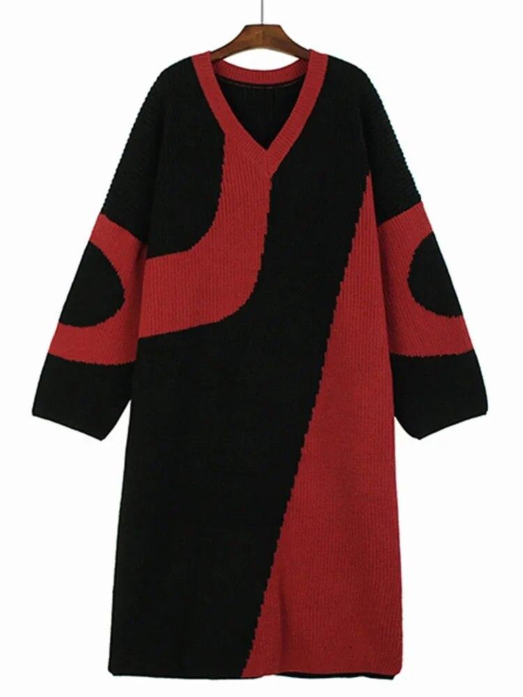 Xitao Pletené šaty s výstřihem do V Móda Kontrastní Barva Volný Ležérní Pulovr Dámské DMJ3344