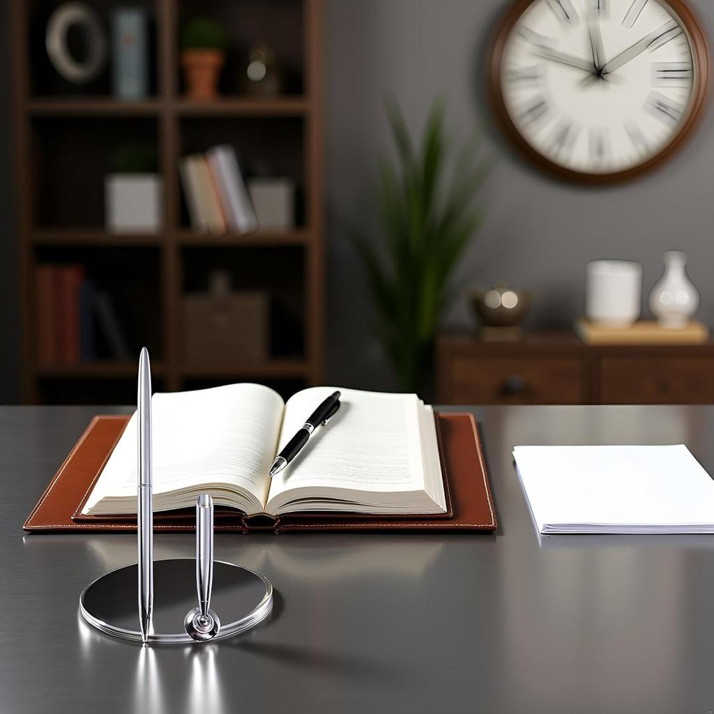 Silver Guest Pen And Pen Stand Round Pen Holder Signing Pen Set Metal Attached To Desk Base Stands For Office Ballpoint Set Metal Ballpoint Base Desk