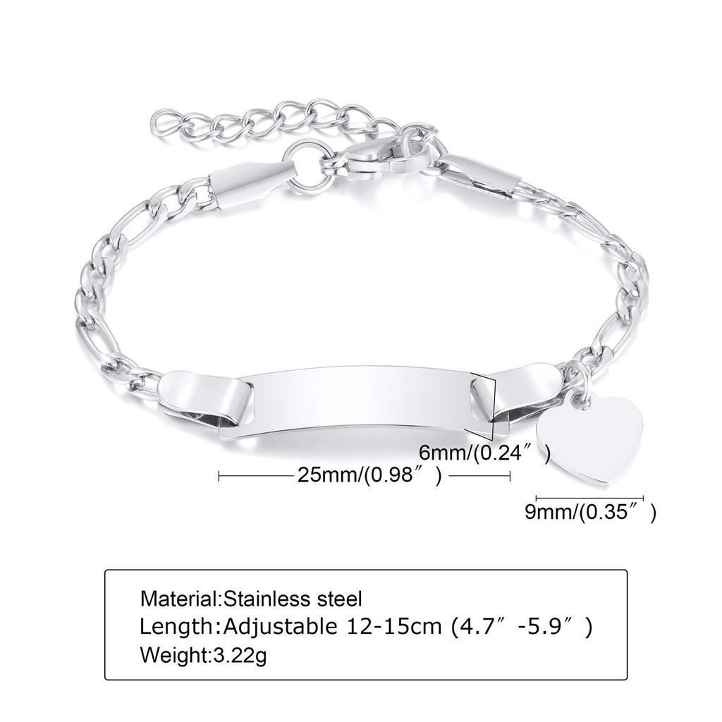 Engraved Custom Name ID Bracelet With Heart for Little Boy Girl, Stainless Steel Personalized Jewelry Birthday Gift