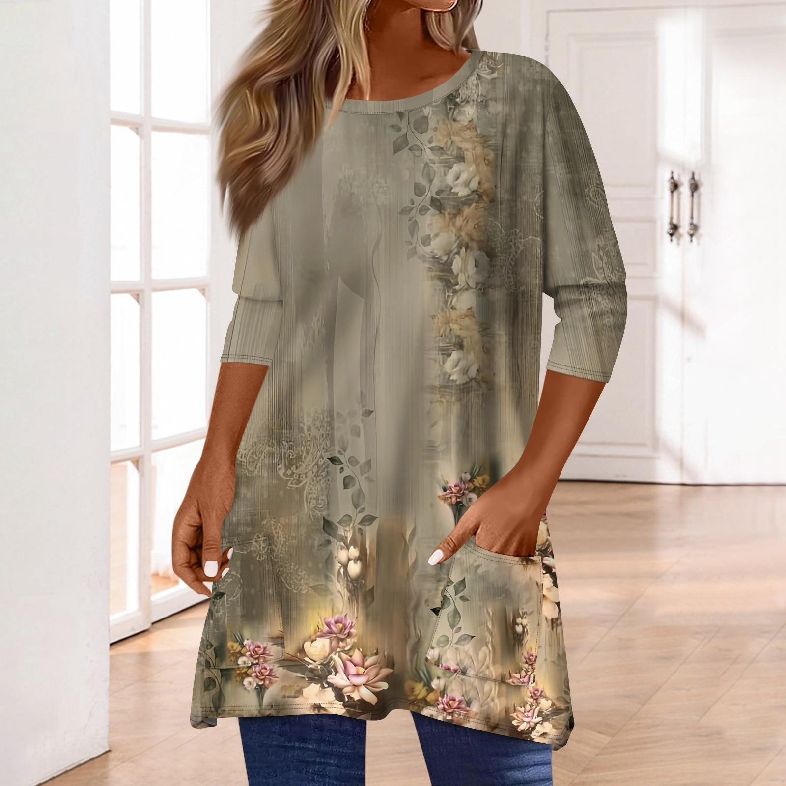 

3/4 рукава кармана топы для женщин футболка повседневный принт средней длины топы футболка круглый вырез пуловер блузка XL