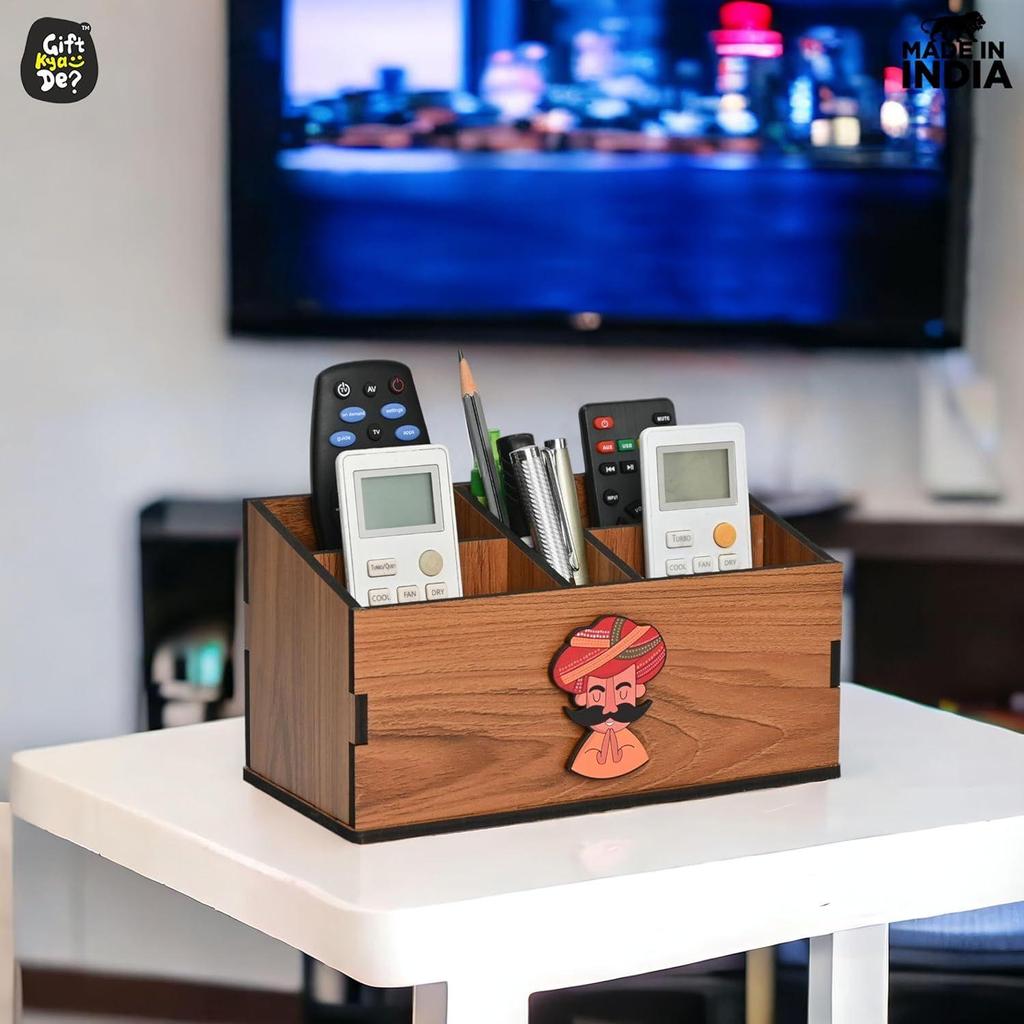 Remote Stand with 5 Sections  Wooden Remote Holder for Living Room, TV, and AC Stationary Organizer 5 in 1Ideal for Home and Office (Brown Rajasthan)