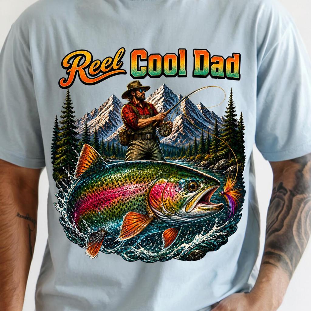 Reel Cool Dad Shirt, Funny Fishing Dad Gift, Trout Fishing Shirt, Mountain Fishing Graphic Tee, Fishing Gift for Grandpa, Fisherman Shirt