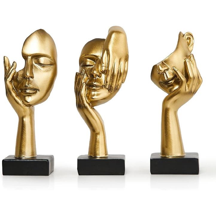 3 Pcs Gold Thinker Statues Sculptures for Home Decor, Golden Statues Table Decor Accents, House Decorations for Living Room Bedroom Office, Bookshelf