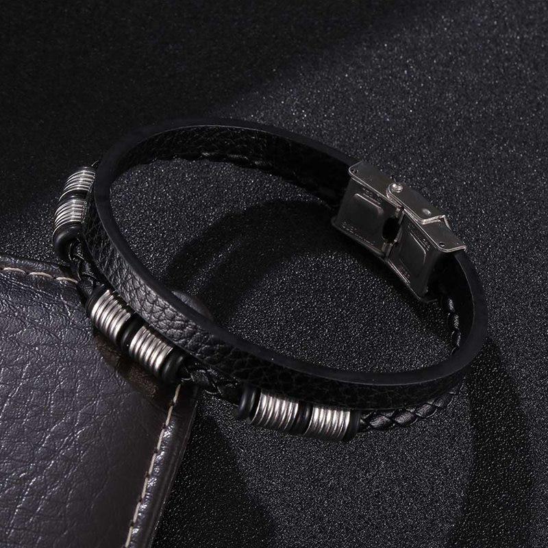 Fine Stainless Steel Jewelry Multi-Layered Men's Black Leather Charm Bracelet HipHop Rock Bangles Christmas Gift