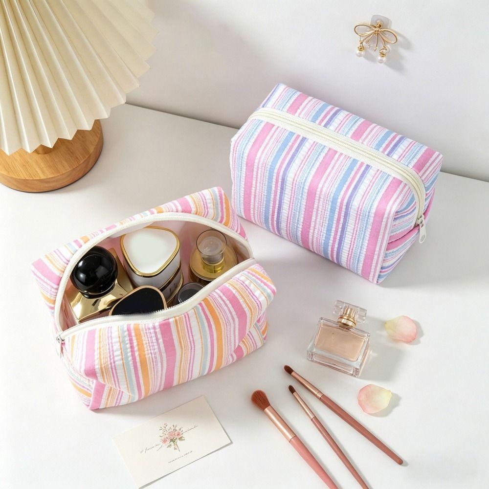 Striped Design Cosmetic Bag Lightweight Travel Skincare Bag Striped Makeup Pouch  Girls
