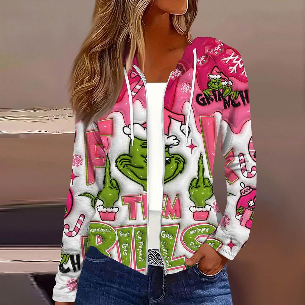 Women's Fashion Christmas Print Casual Zip-Up Long-Sleeved Hooded Jacket