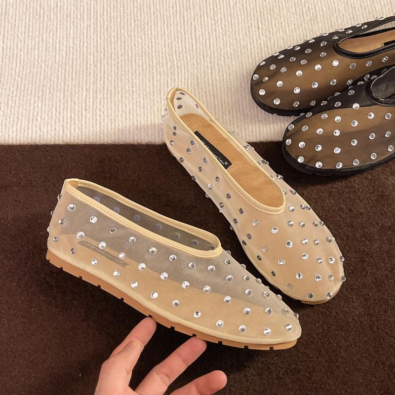 

Rhinestone flat Mary Jane shoes female 2026 spring new mesh hollow breathable single shoes ballet dinner shoes 35 бежевый