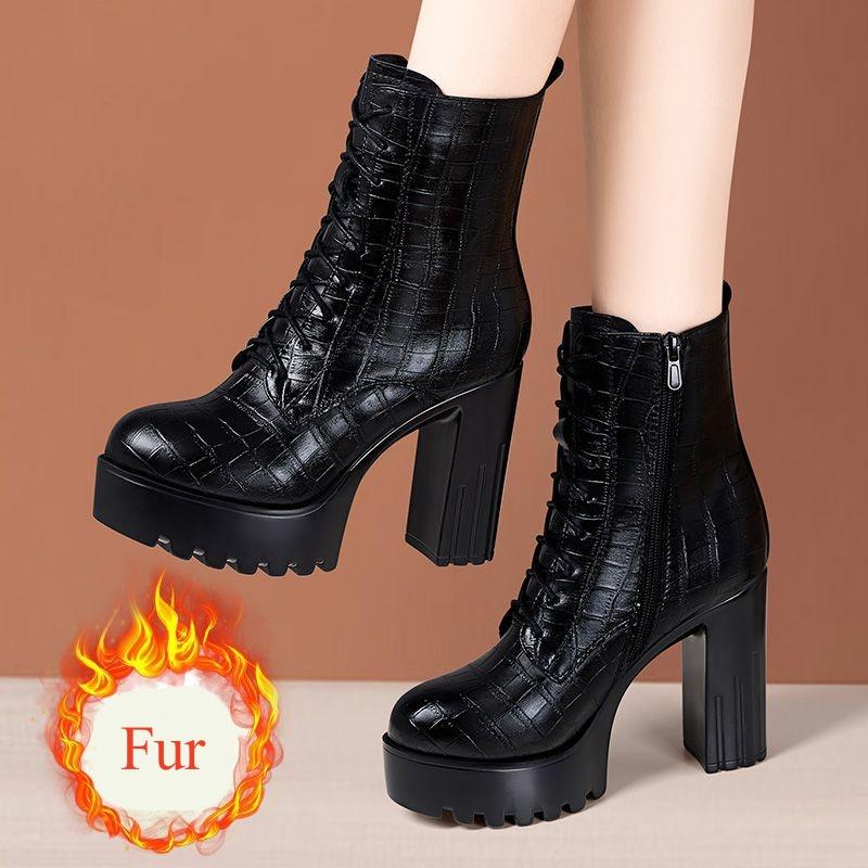 10cm British Patent Leather Boots Women's Block High Heels Shoes Fall Winter 2025 Thick Bottom Platform Ankle Motorcycle Boots