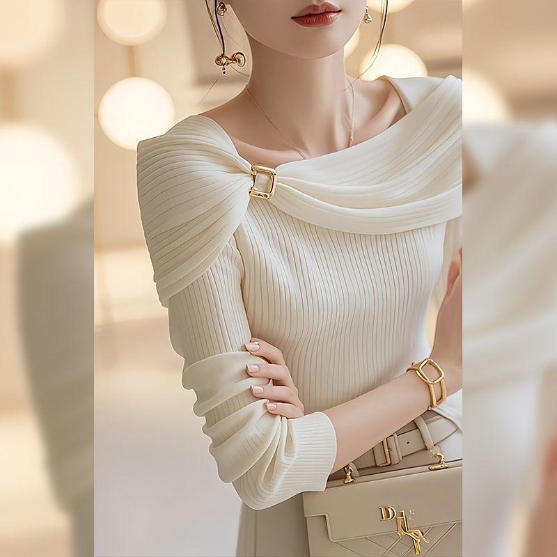 

Однословный плечевой платок, базовый вязаный свитер, осень-зима, новая женская одежда, свитер с открытыми плечами, модный топ для женщин One Size