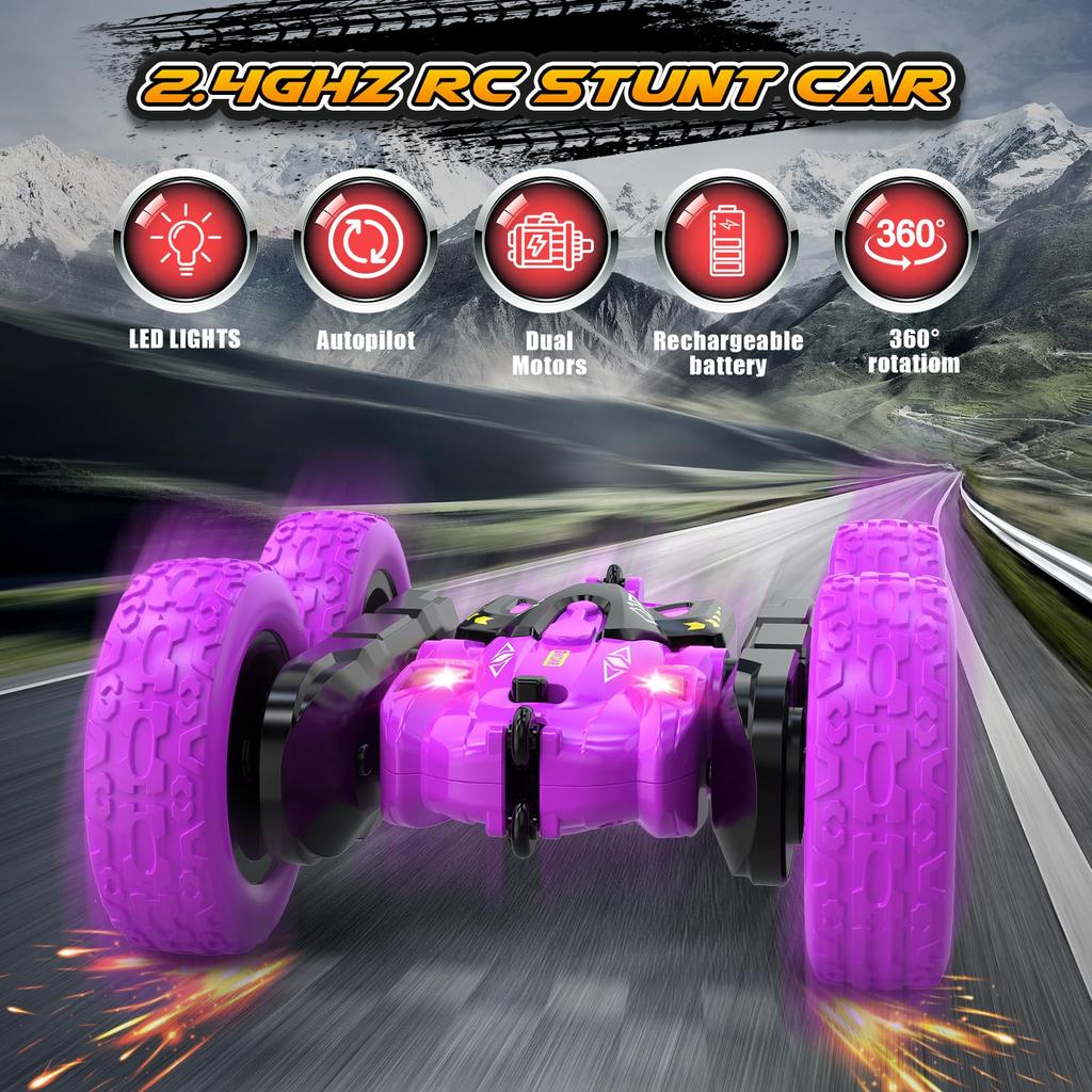 RC Stunt Car 360 Degree Rotation, 2.4GHz Double-sided Driving, Green/purple/blue, Kids Toy for Outdoor Play