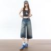 Trendy Summer High Waist Slim Vintage Blue Wide Leg Denim Cropped Capri Pants Loose Straight Versatile Slimming Daily Wear