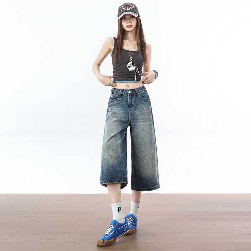 Trendy Summer High Waist Slim Vintage Blue Wide Leg Denim Cropped Capri Pants Loose Straight Versatile Slimming Daily Wear