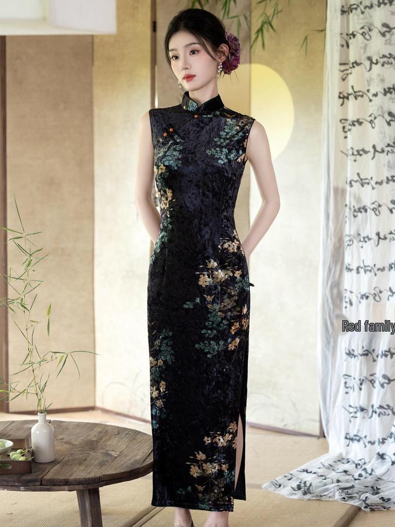 Cheongsam retro din catifea în stil Minguo fără mâneci - Colecția Toamnă 2025, Design de înaltă clasă (Model 7503)