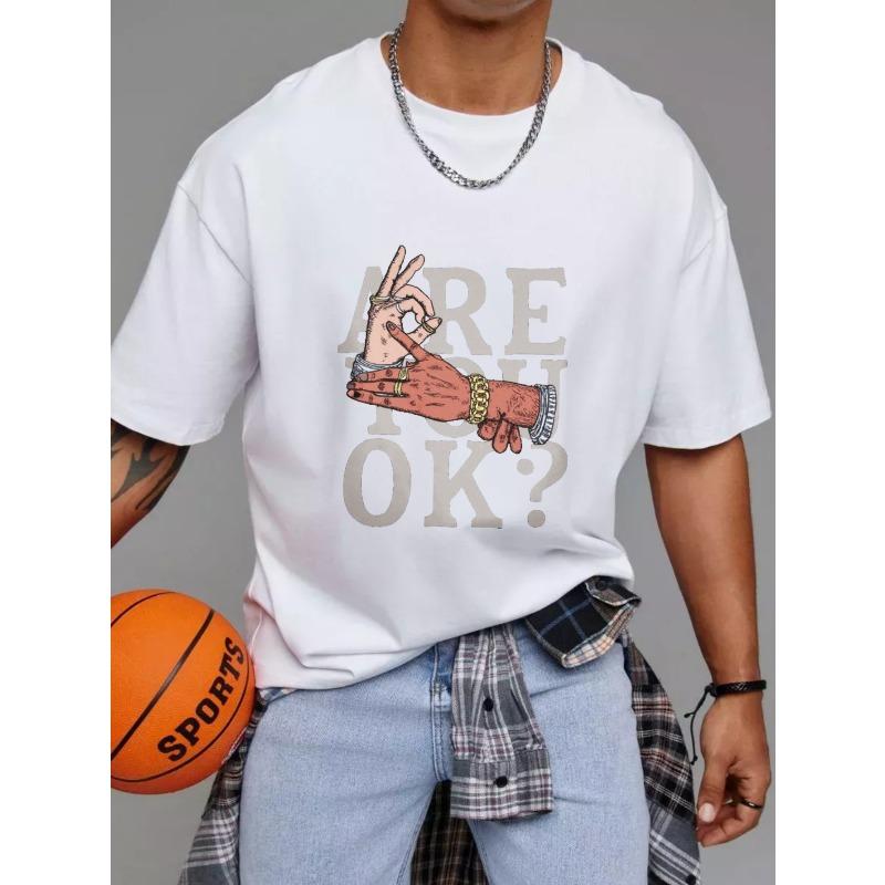 White T Shirt with Hand Gesture and Are You Ok Text Graphic for Casual Wear