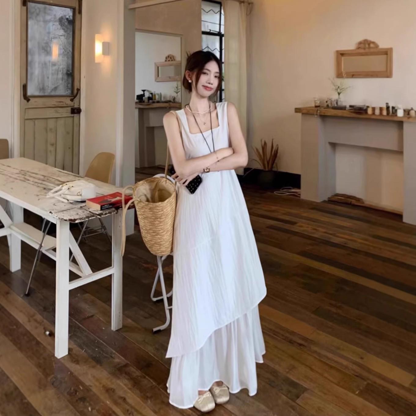 Korean Style Irregular Spaghetti Strap Summer Dress - Women s Loose Slimming Long Design for 2026 Large белый