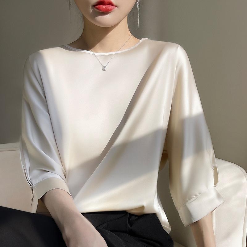 

Летние топы женские с круглым вырезом, искусственный шелк, атлас, тонкая гладкая футболка, летучая мышь, шелковистые блузки, базовые футболки M