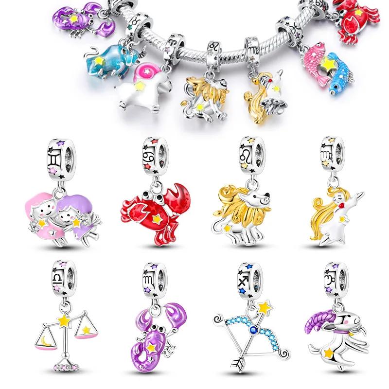 Copper Luminous Constellations Scorpio Aries Cancer Pendant Charms Bead Fit Original Bracelet Diy Jewelry For Women Gifts