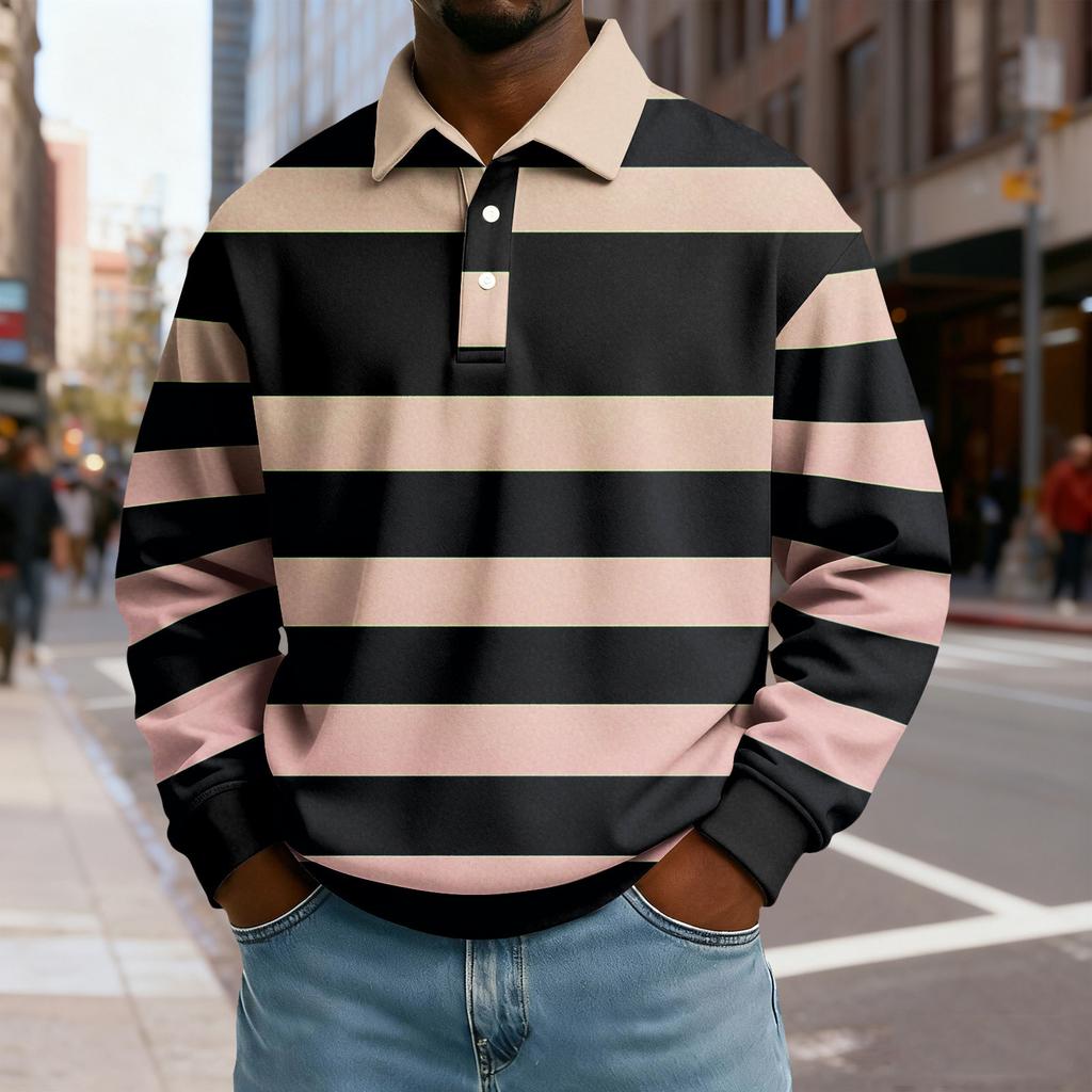 Pánské ležérní volné barevně blokované top s klopou a knoflíky a dlouhým rukávem