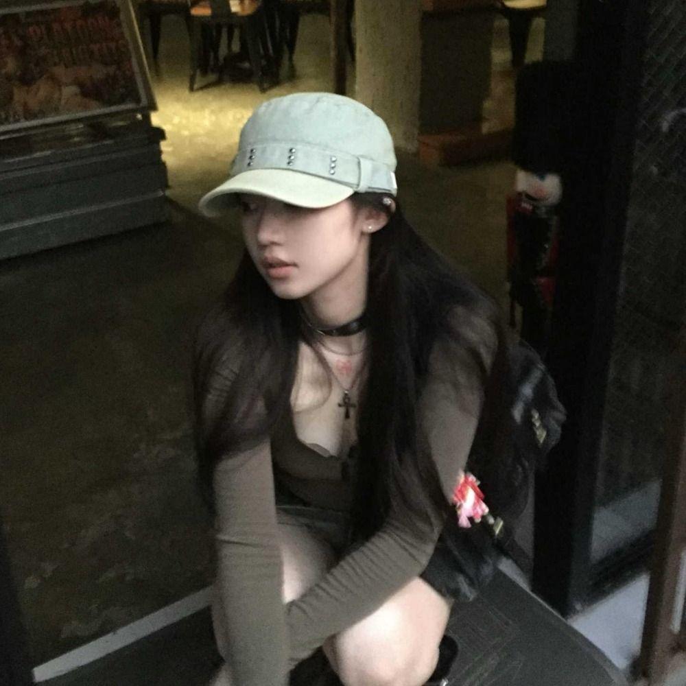 Rivet Flat Top Hat Y2k Cadet Cap Fashion Peaked Cap  Outdoor