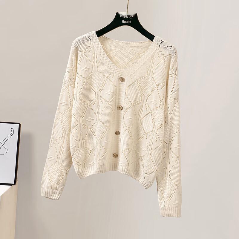 

Women s V-Neck Long Sleeve Hollow Knit Sweater One Size