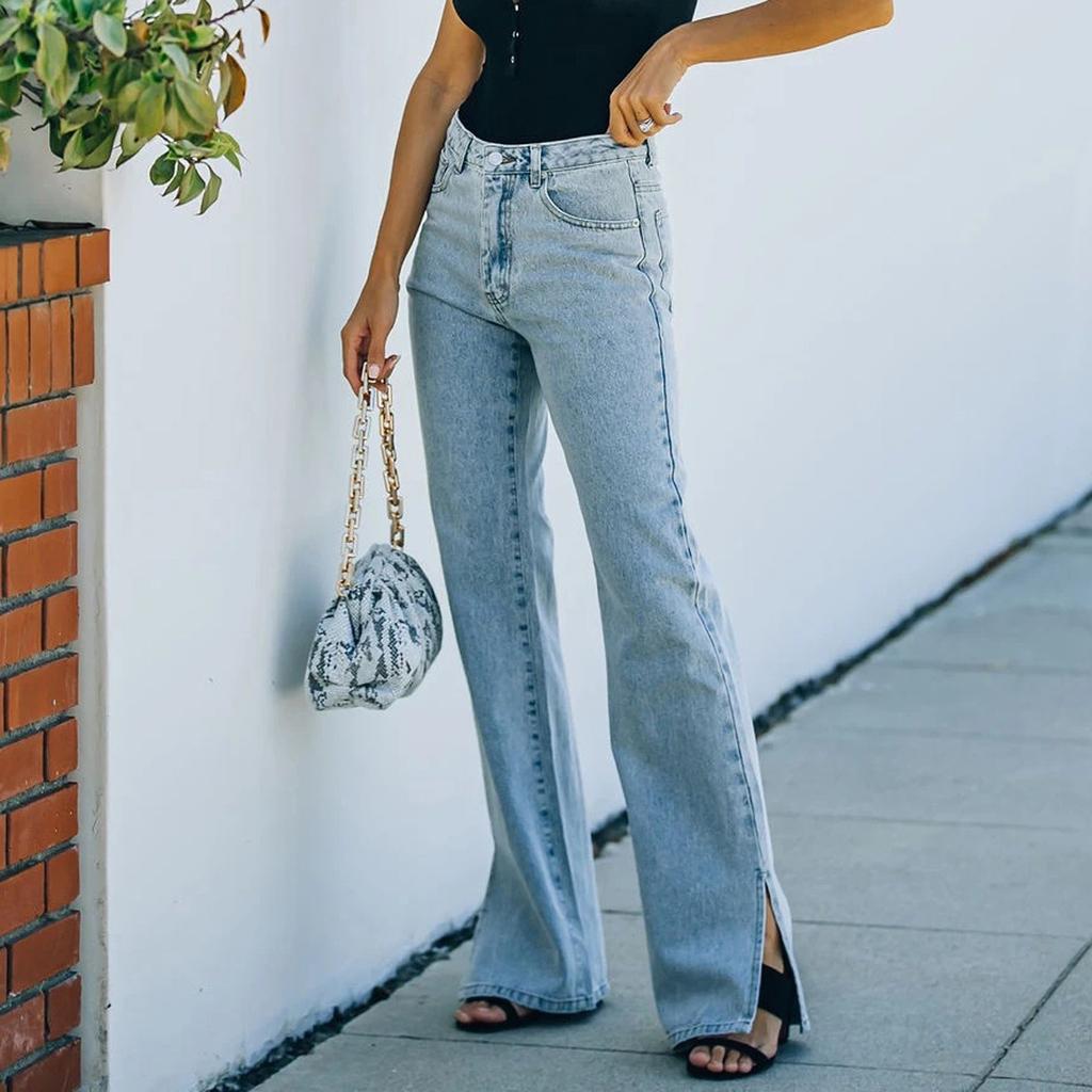 Women's Casual Wash Split Mid-waist  Denim Casual Trousers Long Pants