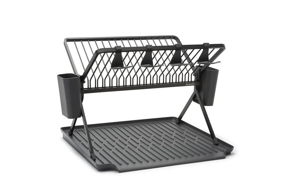 Brabantia Foldable Dish Drying Rack Large Dish Drainer with Cutlery Tray and Glass Hooks Dark Grey 139482 Width 51 X Depth 42 X Height Cm Size 31.5