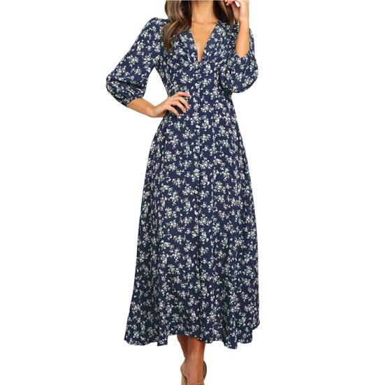 

Женское платье с глубоким V-образным вырезом, завышенной талией, милыми рукавами-фонариками, стойкое к выцветанию, рукав три четверти, винтажный стиль, длина до щиколотки, цветочный принт, осеннее платье, женская одежда L темно-синий