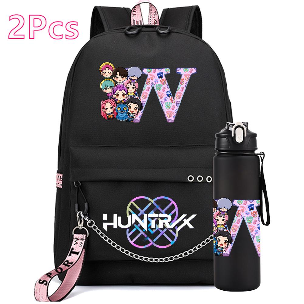 2Pcs/set 26 English Letter K-pop Printed Backpack with 750Ml Water Bottler for Teenager Girl Boy Bookbag Kid Gift Large Capacity Waterproof Travel Bag