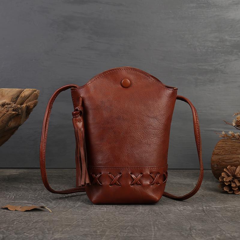 

Винтажная плетеная сумка-ведро с кисточками из натуральной кожи - Женская сумка кроссбоди и на плечо для телефона