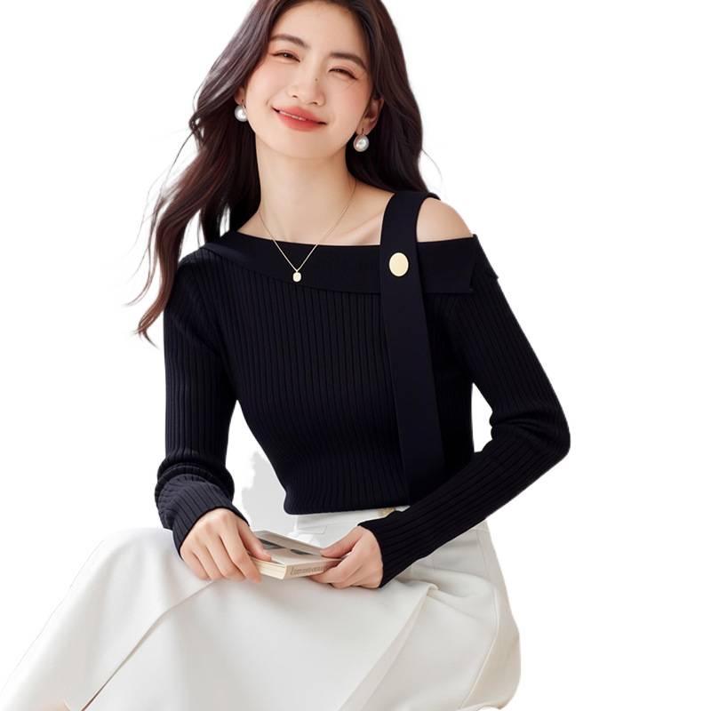 2026 Women's Black Off-the-Shoulder Long-Sleeve Knit Sweater – Diagonal Slimming Design