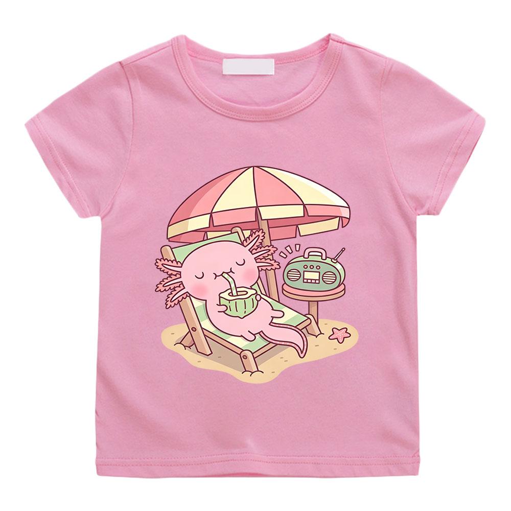 Cute Axolotl Children's T-shirts 100%cotton Drinking Coconut Water on The Beach  Funny Print Short Sleeve Boys Girls Tees Anime T-shirt Summer clothes