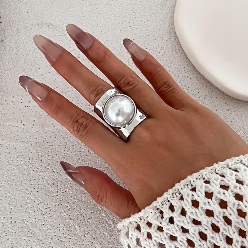 

Vintage Punk Style Wide Faceted Faux Pearl Open Ring, Women s Personalized Trend Holiday Party Zircon Accessories resizable