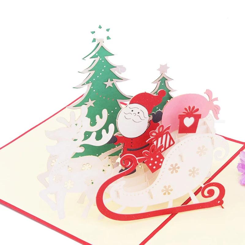 Merry Christmas Cards 3D Pop Up Christmas Tree Cards Christmas Decoration Winter Gift Laser Cut New Year Santa Greeting Cards