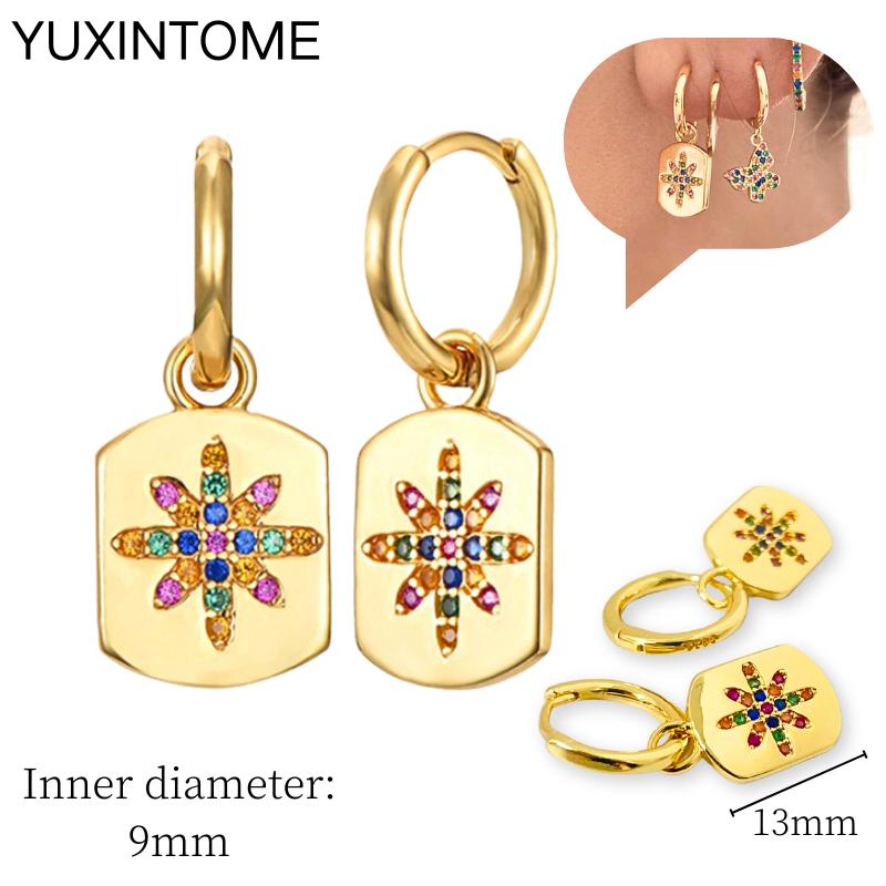 925 Sterling Silver Needle Vintage Square Round Pendant Earrings For Women Crystal Shell Geometric Earrings Fashion Jewelry