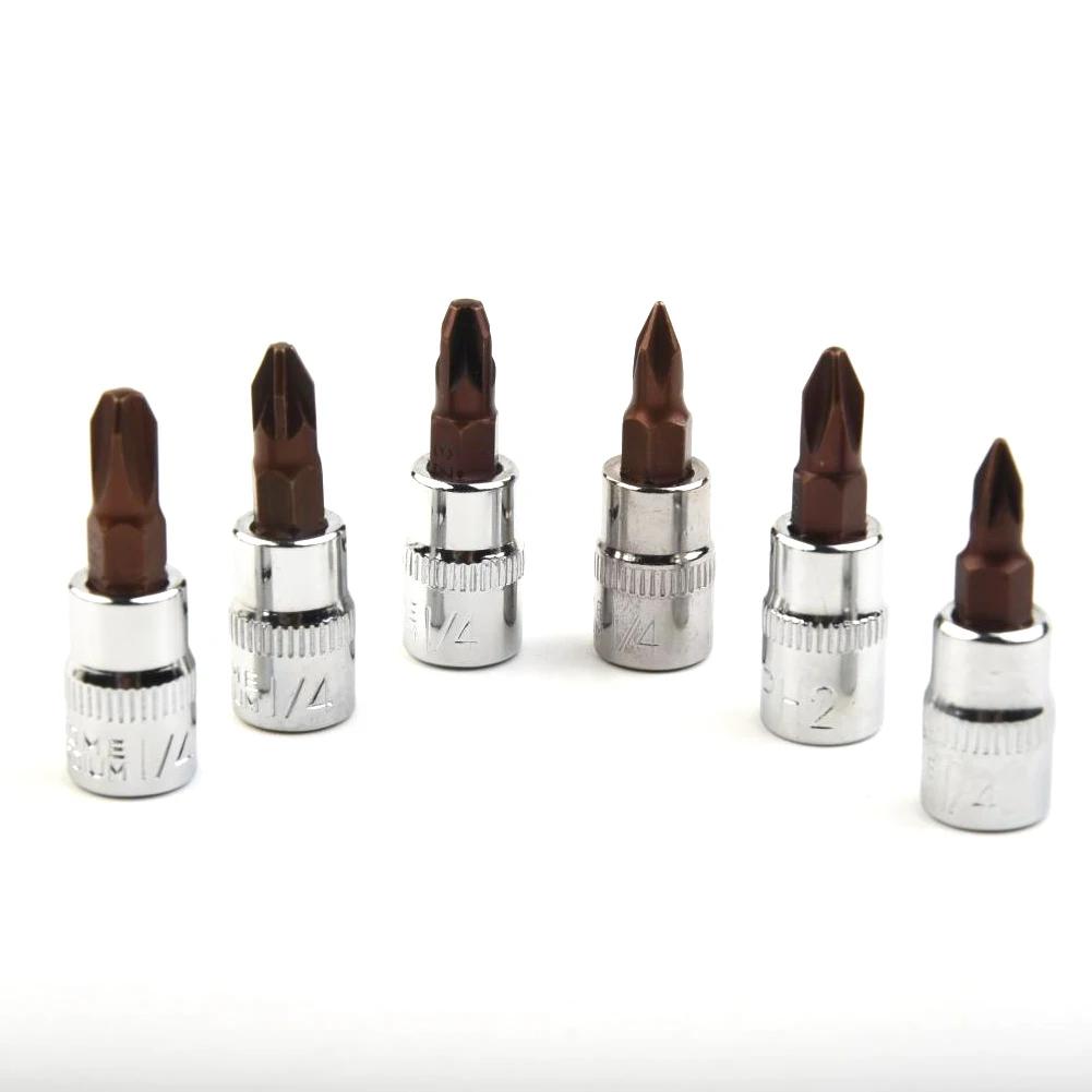 6pcs 1/4 Inch Drive Cross Socket Bit Set PH1 PH2 PH3 PZ1 PZ2 PZ3 Screwdriver Bits Chrome Vanadium Steel Wrench Hand Tool