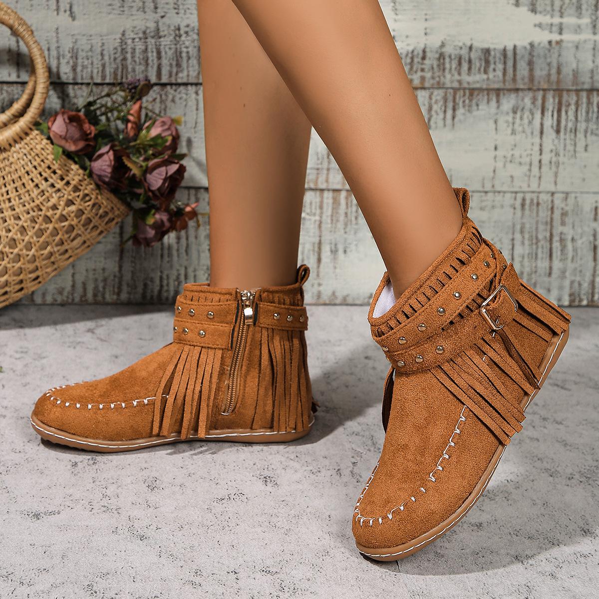 

Осенние ботильоны на плоской подошве, женские замшевые ботинки с кисточками в стиле ретро, модные короткие ботинки с круглым носком и мягкой подошвой, повседневная женская обувь 43 коричневый