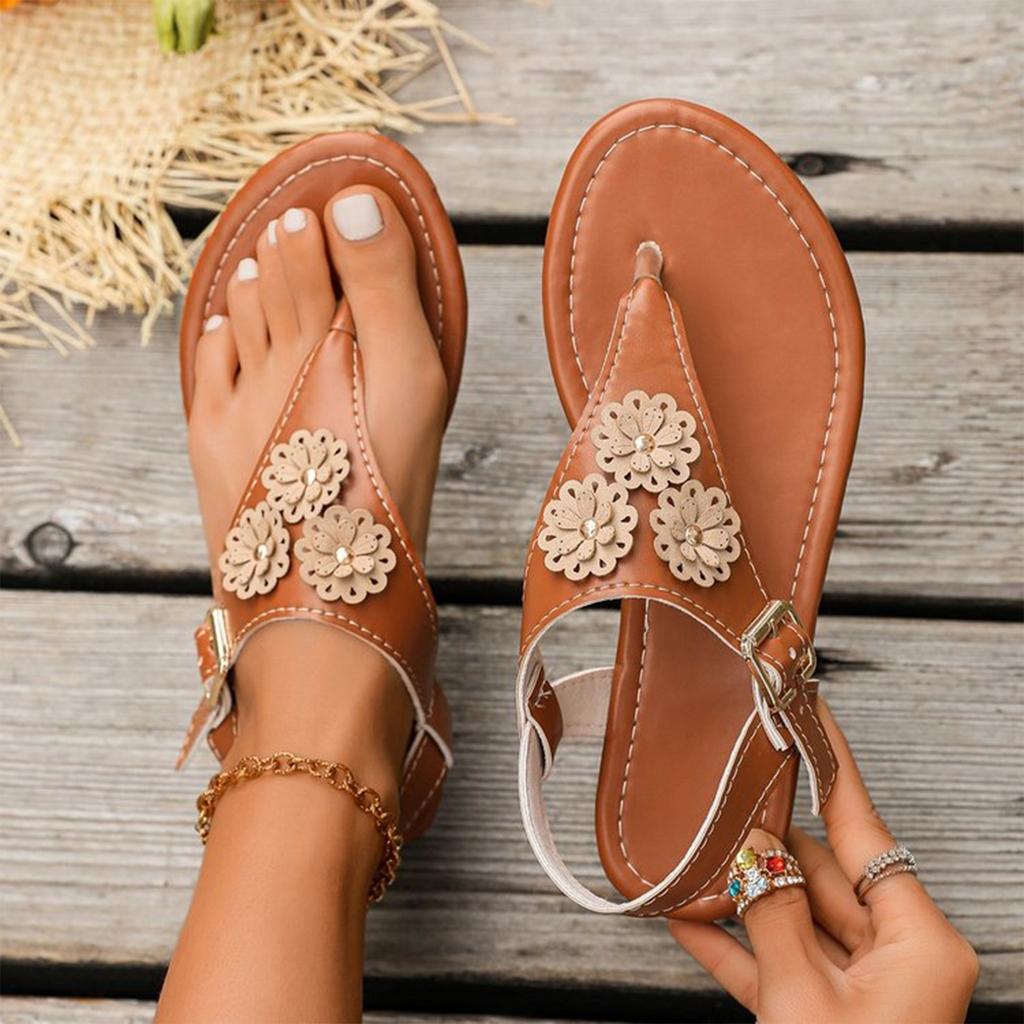 Women's Floral Toe Thong Sandals with Adjustable Back Strap Buckle Flat Sole Casual Summer Footwear