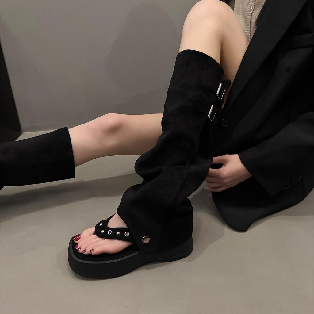 Pile Summer Retro 2025 Pants Tube Boots Women's Two Wear Toes Roman Sandals High Herringbone Platform New Boots Tide
