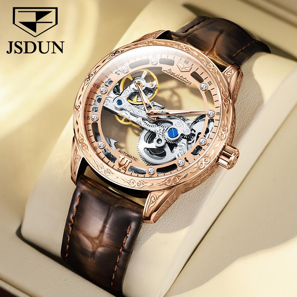 JINSHIDUN New Business and Leisure Men's Watch Fully Automatic Mechanical Watch Perspective Hollow Dial High-end Watch