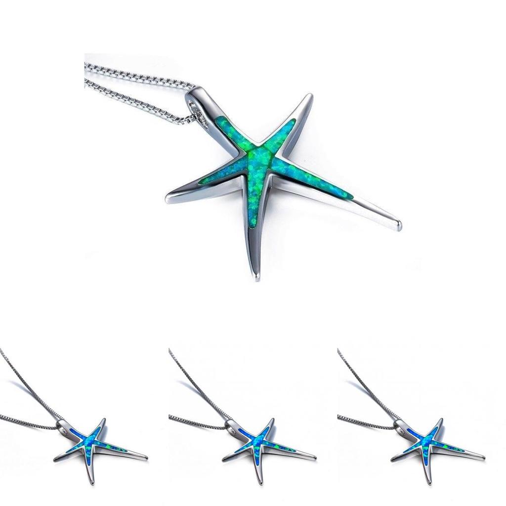 Fashion Women Ocean Starfish Pendant Necklace Featuring Vibrant Blue Green And White Fire Opal Stones