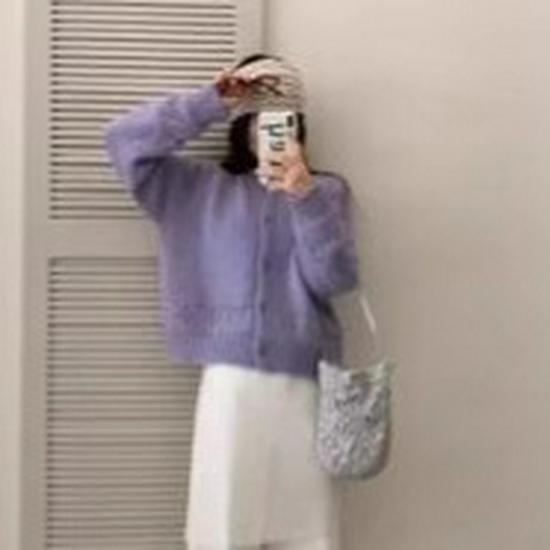 Korejský trendy volný jednoradový kabát: Dámský pletený kardigan s kulatým výstřihem a dutým vzorem podzim/zima