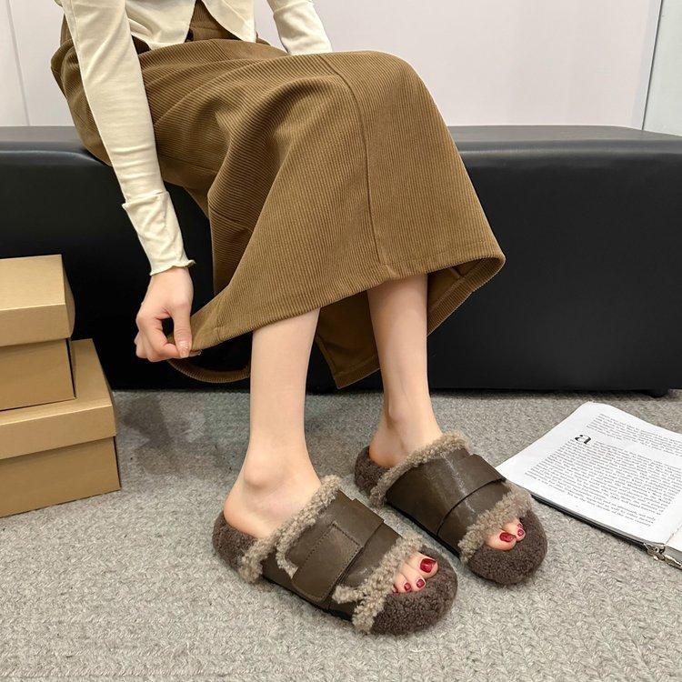 Cowhide Version! Woolen Shoes, Niche Design, Lamb Wool Thick-soled Outer Wear, Velvet One-word Slippers, Women's Autumn and Winter