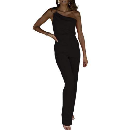 Banquet Romper One Shoulder Close-fitting Sexy Breathable Firm Stitching Solid Color Big Hoop Decor Slim Fit Sleeveless Prom Jumpsuit Daily Clothes