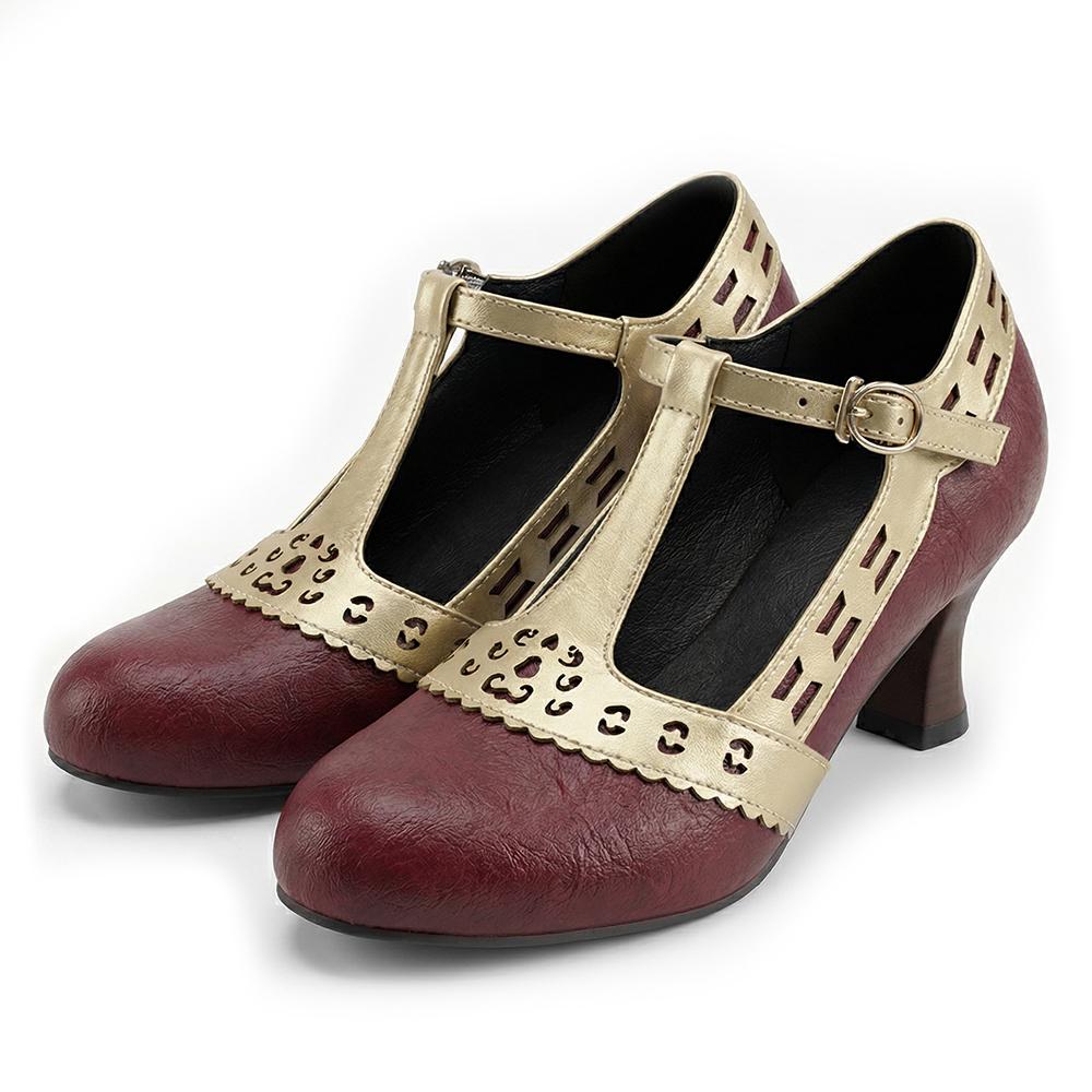 Women T-Strap Pumps  Kitten High Heels Cutout PU Shoes Small Oversize Plu Size 32 50