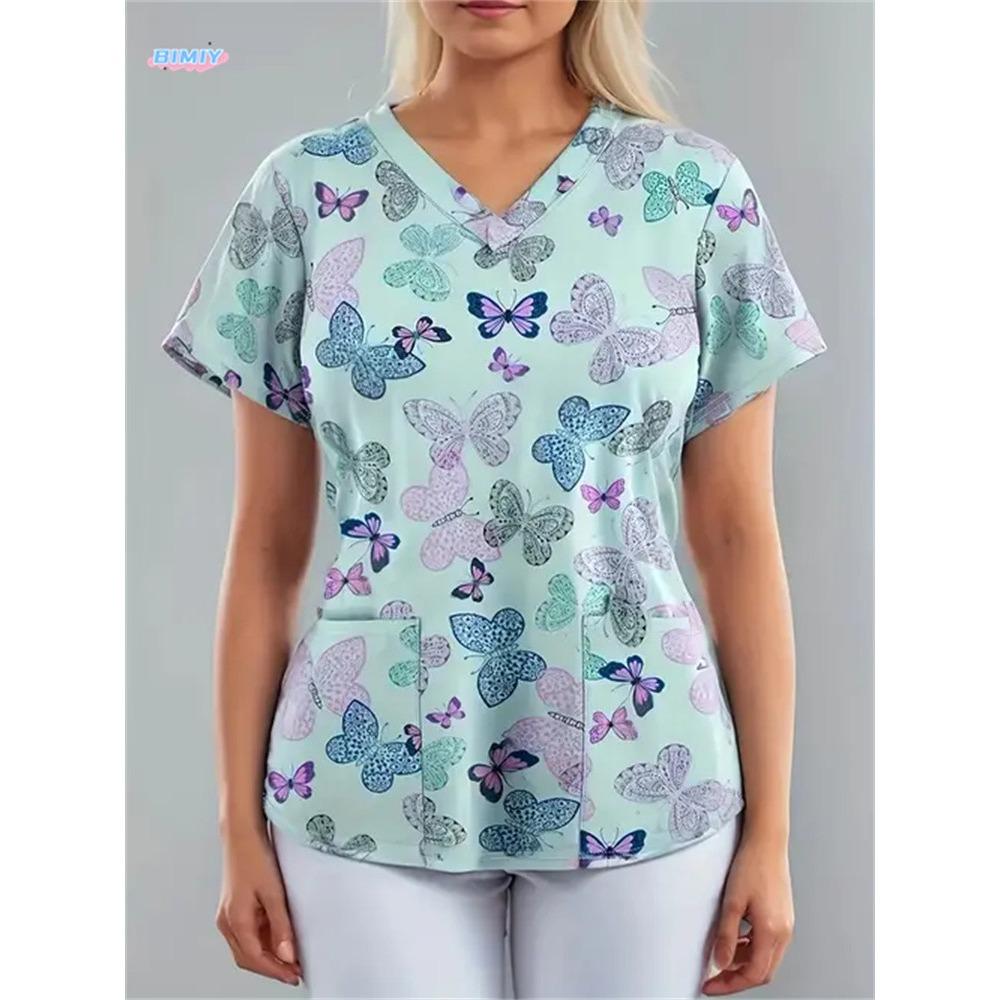 

Высококачественная женская матовая блузка с принтом и V-образным вырезом, мультяшная матовая блузка, женская с короткими рукавами 5XL