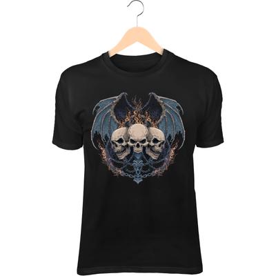 Dämonenschädel-Bestie mit drei Köpfen II T-Shirt – Knochenflügel, Dunkle Flammen