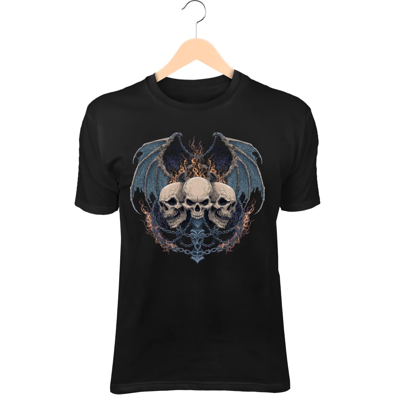 Three-Headed Demon Skull Beast II T-Shirt – Bone Wings, Dark Flames S