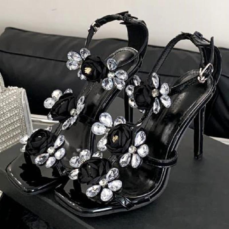 Fashion Luxury Rhinestone Flower Women Sandals Fashion Pointed Toe Thin Heel Roman Shoes Comfortable Open Toe Non-slip Designer Shoes