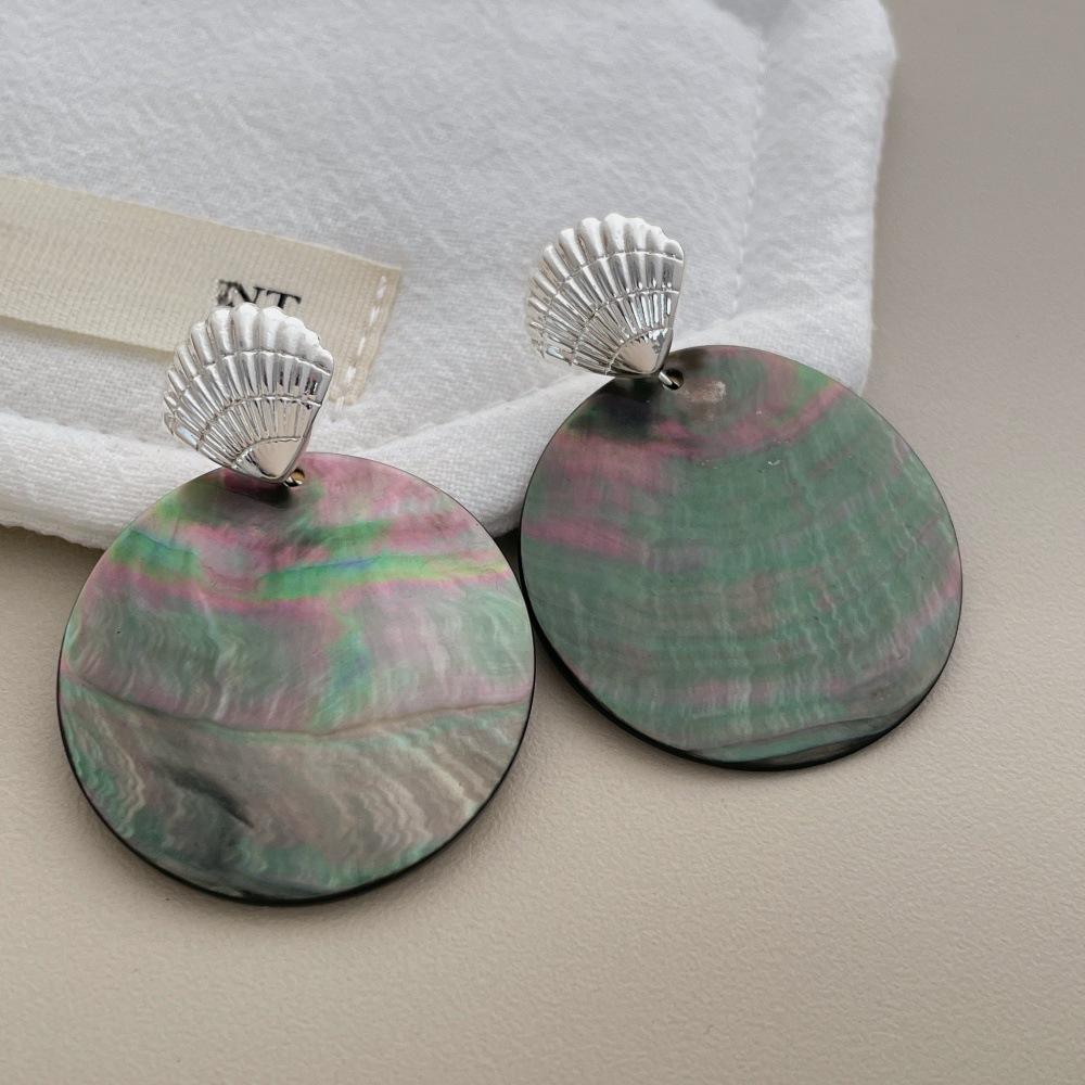 Silver Plated Shell Stud with Abalone Shell Drop Earrings Round Mother of Pearl Dangle Earrings Ocean Beach Jewelry for Women
